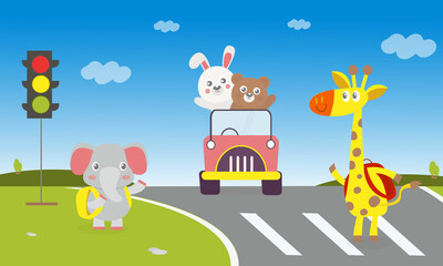 Cartoon animal rabbit white Driving a car with a brown bear sitting beside. bare waving on the car, a giraffe and elephant cross the road at the traffic lights. Cute animal travel trip in holiday.
