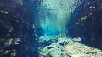 reflective underwater world icelandic spring water scuba diving
