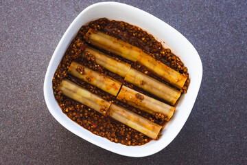 vegan lentil ragu cannelloni pasta bake before going in the oven