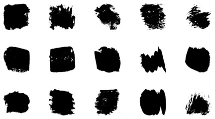 Vector grunge brush, spots. Abstract brush strokes with a dry brush. Large set of ink blots. Black backdrops, patterns on white background