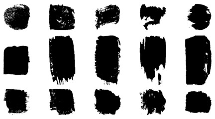 Vector grunge brush, spots. Abstract brush strokes with a dry brush. Large set of ink blots. Black backdrops, patterns on white background