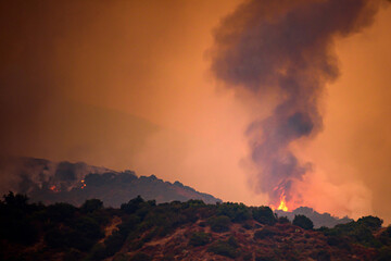 Fires and smoke in US air. Black smoke and orange sky due to fires in California. American fires...