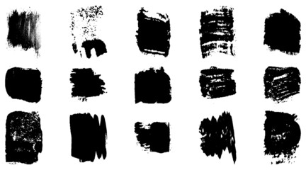 Vector grunge brush, spots. Abstract brush strokes with a dry brush. Large set of ink blots. Black backdrops, patterns on white background