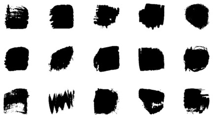 Vector grunge brush, spots. Abstract brush strokes with a dry brush. Large set of ink blots. Black backdrops, patterns on white background