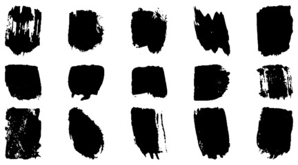 Vector grunge brush, spots. Abstract brush strokes with a dry brush. Large set of ink blots. Black backdrops, patterns on white background