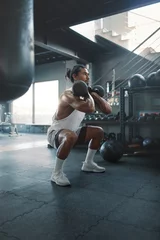  Man Squatting With Kettlebells At Gym. Asian Sportsman On Intense Workout At Fitness Center. Training For Strong, Healthy, Muscular Body. Sexy Guy Using Sport Heavy Equipment. © puhhha