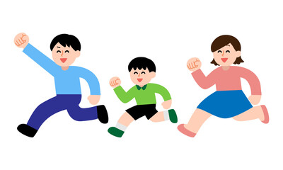 男の子と女性の先頭をガッツポーズしながら走る男性