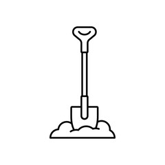 Bayonet shovel stuck in pile of earth. Linear heap of soil and digging tool. Black simple illustration of gardening, uproot, excavation, bury. Contour isolated vector icon on white background