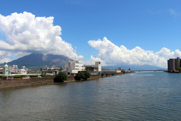 Fototapeta premium Shoulder of Sakurajima of Kagoshima, view from the street and bridge