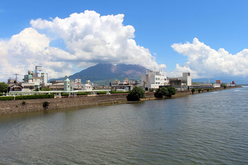 Shoulder of Sakurajima of Kagoshima, view from the street and bridge