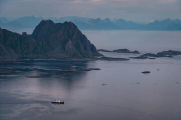 Beautiful landscape of mountains and fjord near Svolvaer town in summer season in the evening, Norway, Scandinavia