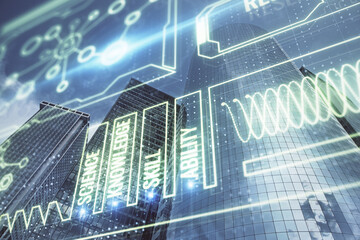 Double exposure of education theme drawing and cityscape background.