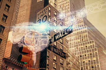 Brain hologram drawing on cityscape background multi exposure. Ai in modern city concept.