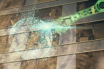 Data theme hologram drawing on city view with skyscrapers background multi exposure. Bigdata concept.