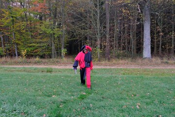 Halloween holiday concept.Scary Jester Costume.Creepy clown in a skull mask in a in green field on  forest background.Carnival and masquerade in October. Halloween festive party outdoors