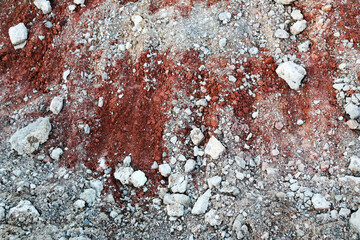 textures of various clay layers underground in  clay quarry after  geological study of  soil. colored layers of clay and stone in  section of  earth, different rock formations and soil layers.