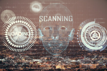 Data theme hologram drawing on city view with skyscrapers background double exposure. Ai concept.