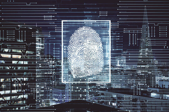 Double exposure of finger print hologram and cityscape background. Concept of personal security.