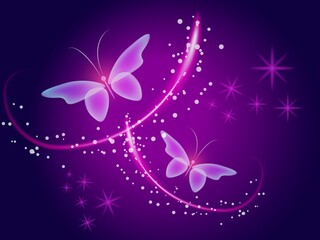 Fototapeta na wymiar Glowing image with magic butterflies. Transparent reflective background for graphic design. Neon purple pictures.