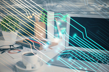 Multi exposure of desktop with computer on background and tech theme drawing. Concept of big data.