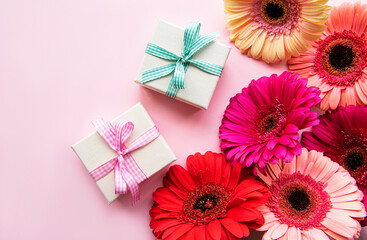 Gerbera flowers and gift boxes on a pink