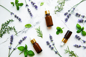 Bottles of essential oils with herbs and flowers - obrazy, fototapety, plakaty