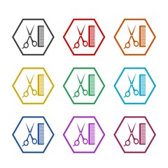 Scissors groomer comb icon, color set