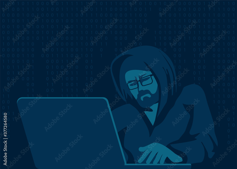 Poster a hacker with a laptop breaks a computer code. vector illustration.