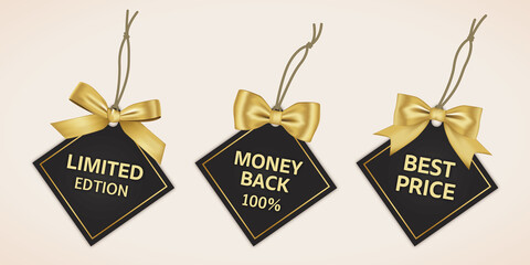 黒いタグと金色のリボンのビジネス用ベクターイラストセット