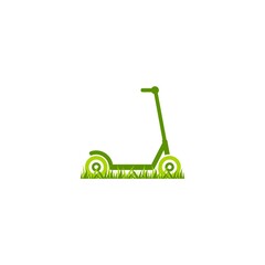 Green kick push scooter or balance bike with grass icon. Flat logo isolated on white.