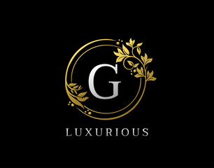 Luxury Circle G Letter Floral Design. Elegant Gold G Royal Logo Icon.
