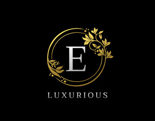 Luxury Circle E Letter Floral Design. Elegant Gold E Royal Logo Icon.
