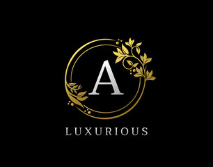 Fototapeta premium Luxury Circle A Letter Floral Design. Elegant Gold A Royal Logo Icon.
