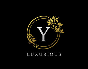 Luxury Circle Y Letter Floral Design. Elegant Gold Y Royal Logo Icon.