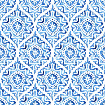 Seamless watercolor pattern. Vintage blue and white ornament. Textile print hand-drawn. Vector illustration.