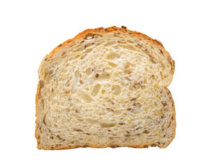A slice of bread with sunflower seeds isolated on white background. Clipping path included. Top view.