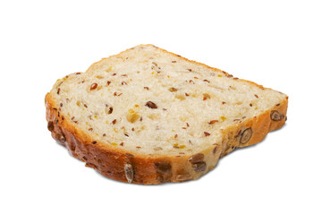 Slice of bread with sunflower seeds isolated on white background. Clipping path included.