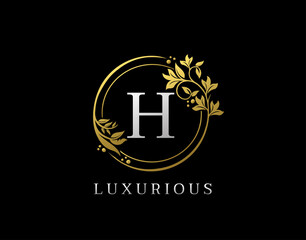 Luxury Circle H Letter Floral Design. Elegant Gold H Royal Logo Icon.