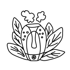 Home humidifier for room. Healthy humidifier vector icons for web design isolated  a white background. Concept of an air purifier device surrounded by leaves.Vector illustration in line style.