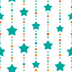 Seamless background with blue and turquoise dots and stars on white background.