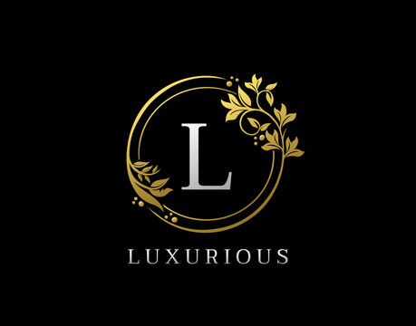 Luxury Circle L Letter Floral Design. Elegant Gold L Royal Logo Icon.
