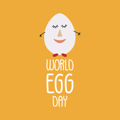 Vector illustration on the theme of World Egg Day on October 9. Decorated with a handwritten inscription and egg with face.
