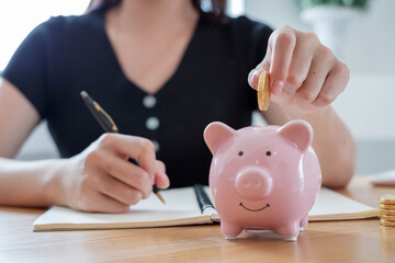 Obraz na płótnie Canvas women putting coin in piggy bank. saving money, budget, investment, finance concept