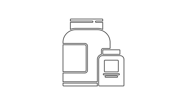 Black line Sports nutrition bodybuilding proteine power drink and food icon isolated on white background. 4K Video motion graphic animation.