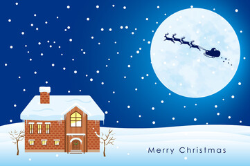 Naklejka premium 満月とサンタクロースのシルエット（雪が積もった家）
