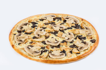 Pizza with mushrooms shot on a white background
