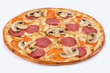 Ready-made pizza with sausage and mushrooms shot close-up