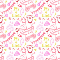 Seamless pattern with cute hand drawn baby care things, clothes and toys for  baby girl. Newborn baby  vector collection.