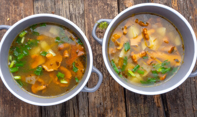 soup with chanterelles and herbs in two bowls
