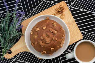 Coffee Walnut bread served with coffee top view